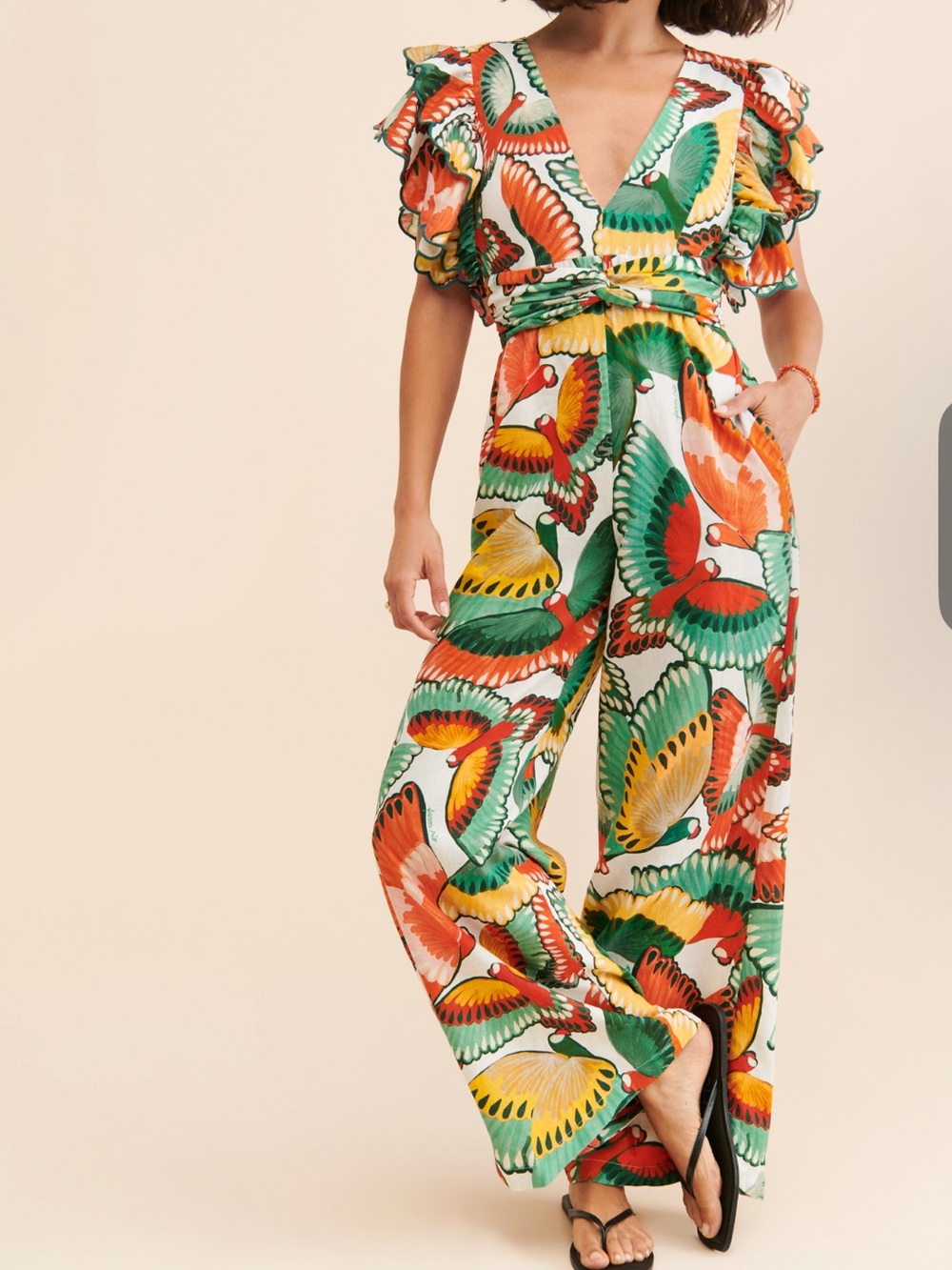 Farm Rio Bird Vibrant Multi-Color Wide-Leg Jumpsuit Sz M